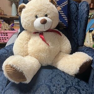 Plush Cream Teddy Bear with Red Bow